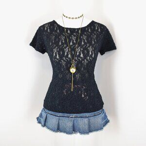 Vintage Late 90s Y2K Black See Through Floral Pattern Mesh Lace Short Sleeve Top